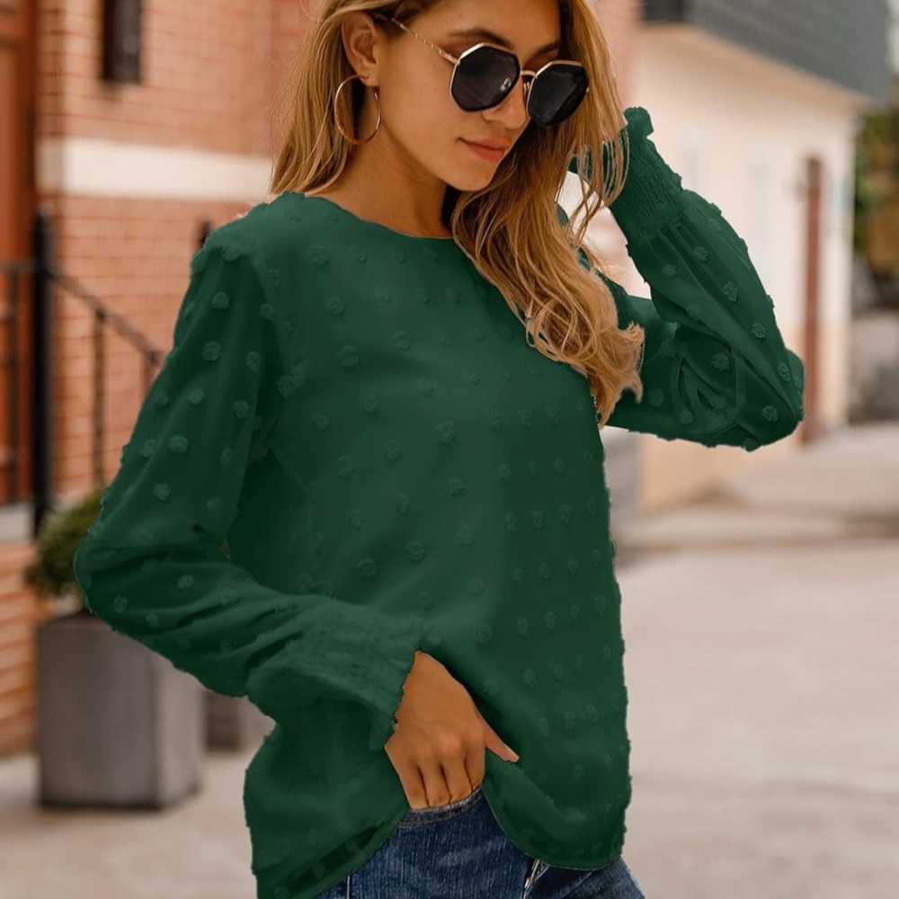 Swiss polka dot women’s long sleeve blouse sz med forest green